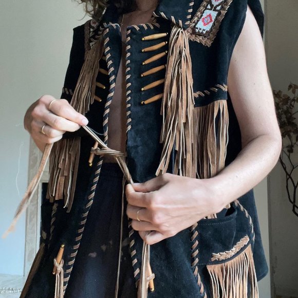 Leather Fringe Southwestern Vest Unisex XL - Picture 2 of 7